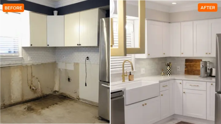 Before and after water damage restoration of a kitchen — left shows severe water and mold damage with stripped lower cabinets and stained concrete subfloor, right shows fully restored kitchen with white shaker cabinets, farmhouse sink, and new countertops