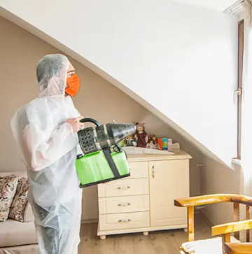 A specialty cleaning technician in a white protective coverall and orange respirator mask operating a portable fogging or disinfection machine in a residential room with slanted ceiling, furniture, and decorative items on a dresser.