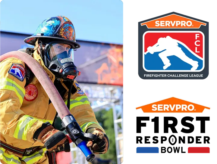 A firefighter in full gear and respirator mask holding a hose during an active competition, alongside the logos for the SERVPRO Firefighter Challenge League (FCL) and the SERVPRO First Responder Bowl.
